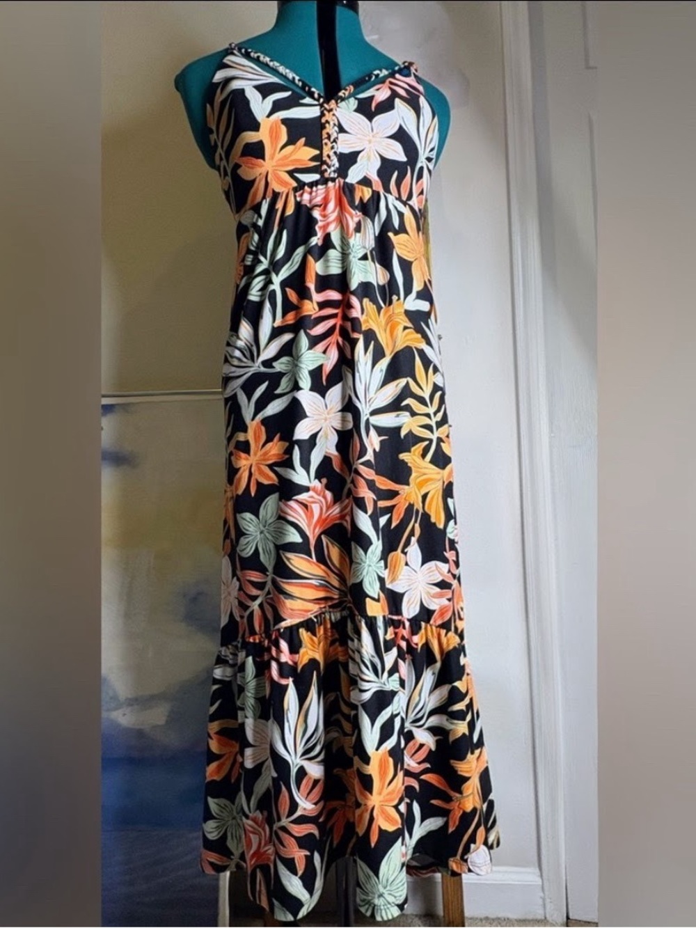 Derek Heart Hawaiian Flower Tropical Black Floral Sundress Long Maxi Sun Dress